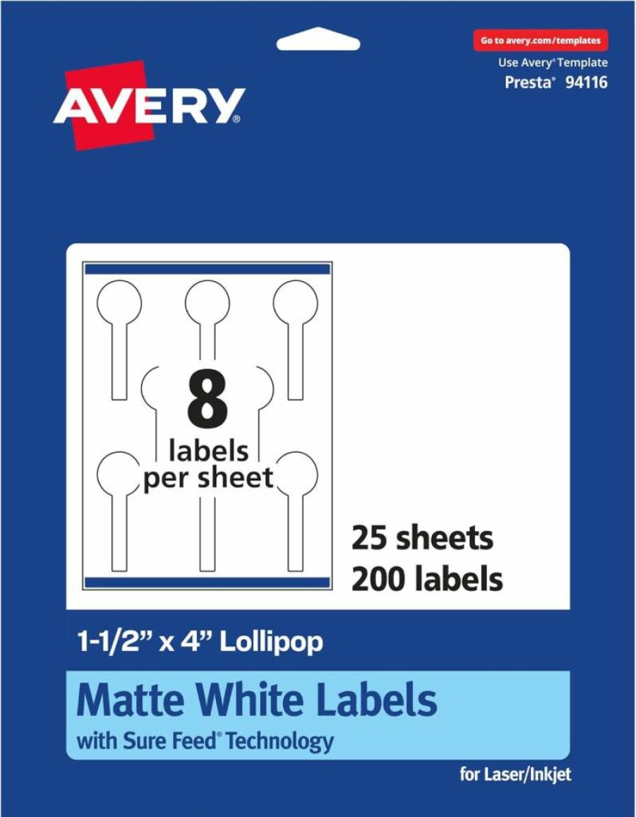 Avery Matte White Lollipop Labels 1.5" x 4" - 200 Pack, Sure Feed Technology, Permanent Adhesive, Print-To-The-Edge Design, Laser & Inkjet Printable