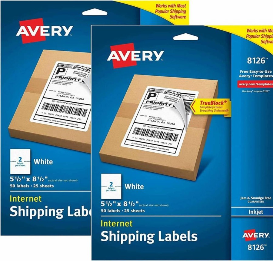 Avery 8126 Trueblock Shipping Address Labels, 5-Pack Half Sheet Permanent Adhesive Labels for Inkjet Printers, 250 Labels