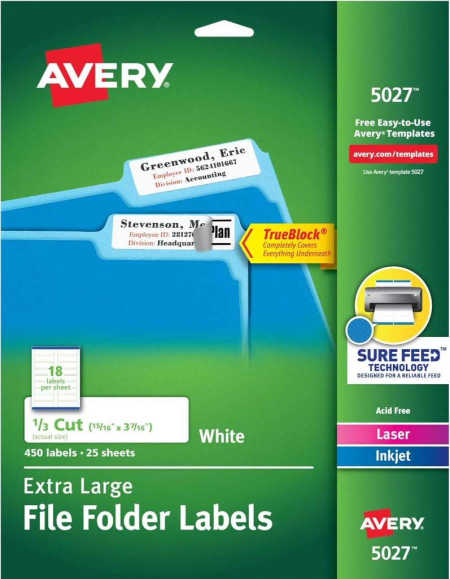 Avery TrueBlock Extra Large File Folder Labels, 15/16" x 3-7/16", White, 450 Sheets, Printable, Laser/Inkjet Compatible (5027)