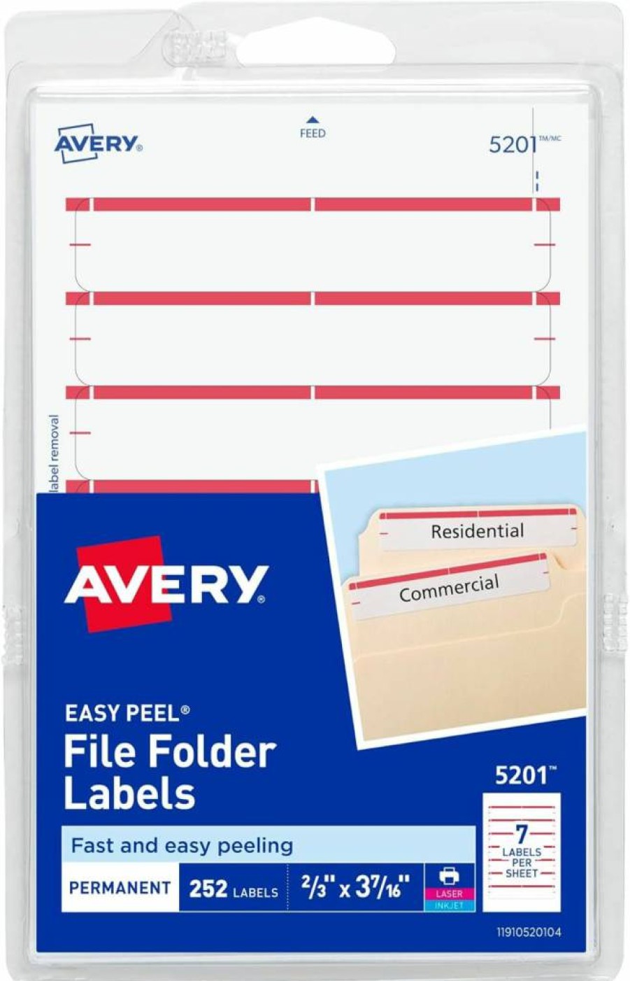 Avery 5201 Easy Peel File Folder Labels, 2/3" X 3-7/16", White/Red, 252 Labels per Pack, Print & Handwrite, 4" X 6" Sheets