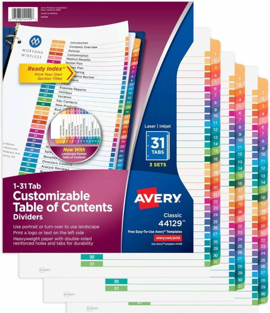 AVERY 11129 12-Set Multicolor 31-Tab Customizable Dividers for 3-Ring Binders with Table of Contents