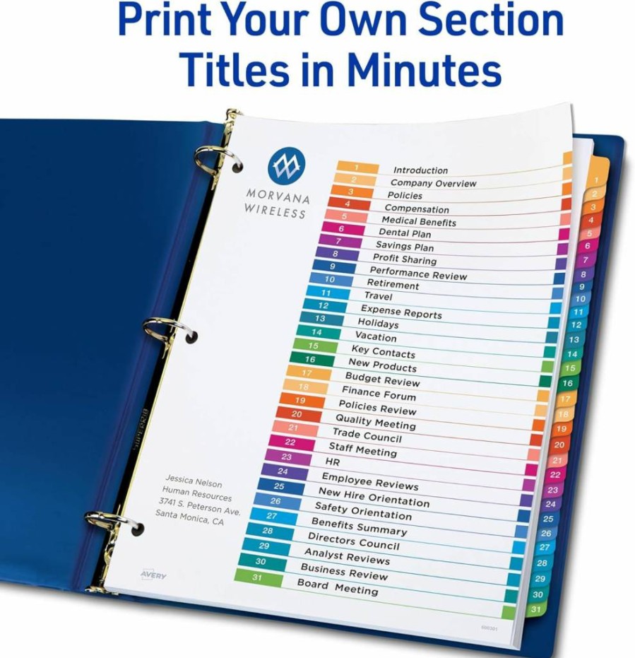 AVERY 11129 12-Set Multicolor 31-Tab Customizable Dividers for 3-Ring Binders with Table of Contents